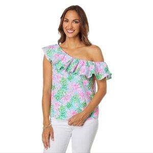 Lilly Pulitzer Zeldie One Shoulder Ruffle Top Surf Blue So Shellegant Sz S